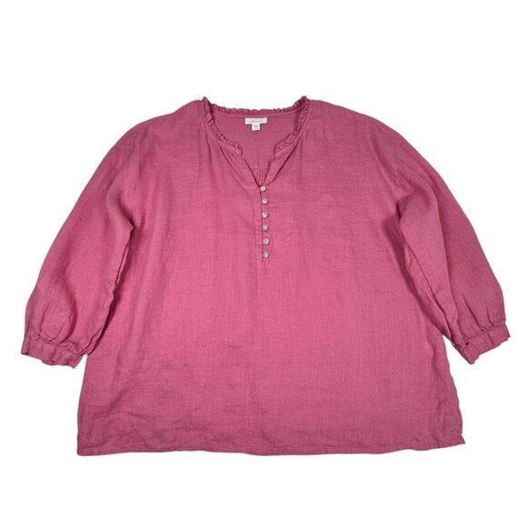 J. Jill Live Linen Top SZ M Pink Half Placket Ruffle Long Sleeve Lagenlook - Picture 1 of 10